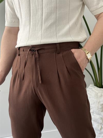 Kahverengi Bağlama Detaylı Keten Boyfriend Pantolon