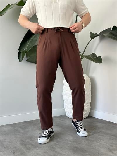 Kahverengi Bağlama Detaylı Keten Boyfriend Pantolon