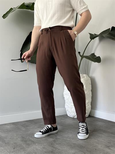 Kahverengi Bağlama Detaylı Keten Boyfriend Pantolon