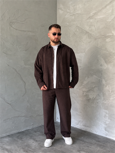Kahverengi Boxy Fit Fitilli Kadife Takım
