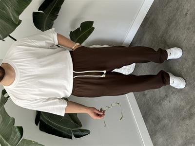 Kahverengi Burgu Bağcık Detaylı Pamuk Keten Relax Fit Pantolon