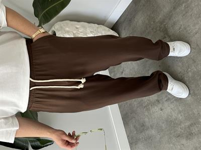 Kahverengi Burgu Bağcık Detaylı Pamuk Keten Relax Fit Pantolon