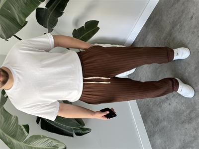 Kahverengi Çizgi Desenli Bağcık Detaylı Baggy Pantolon