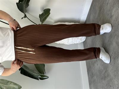 Kahverengi Çizgi Desenli Bağcık Detaylı Baggy Pantolon