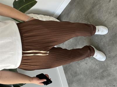 Kahverengi Çizgi Desenli Bağcık Detaylı Baggy Pantolon