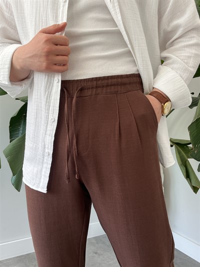 Kahverengi Duble Paça Keten Boyfriend Pantolon