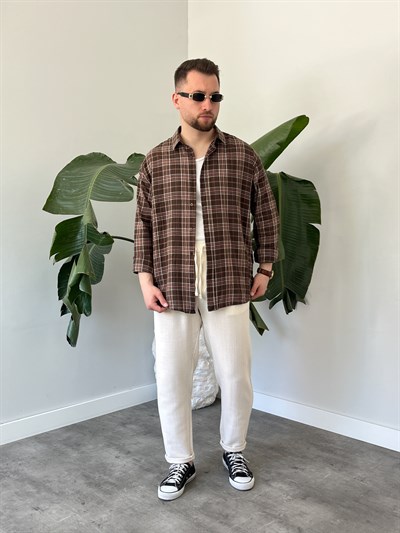 Kahverengi Ekose Oversize Gömlek