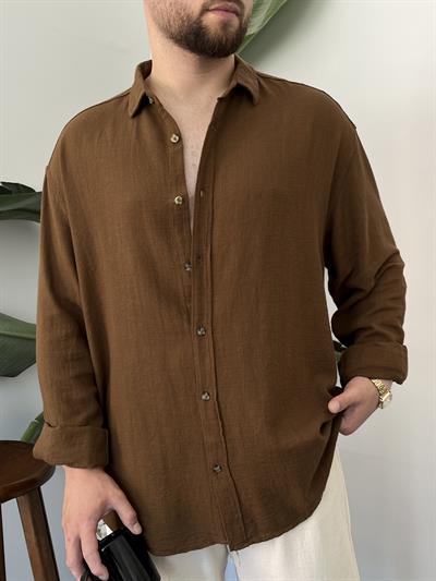 Kahverengi Etamin Keten Oversize Gömlek