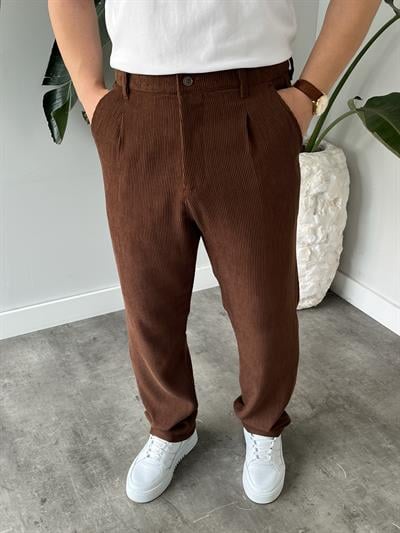 Kahverengi Fitilli Kadife Baggy Pantolon