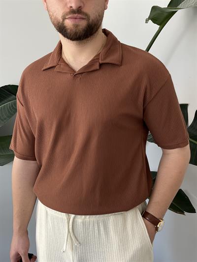 Kahverengi Fitilli Polo Yaka T-shirt