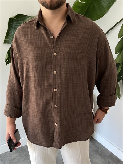 Kahverengi Gofre Keten Oversize Gömlek