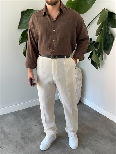 Kahverengi Gofre Keten Oversize Gömlek