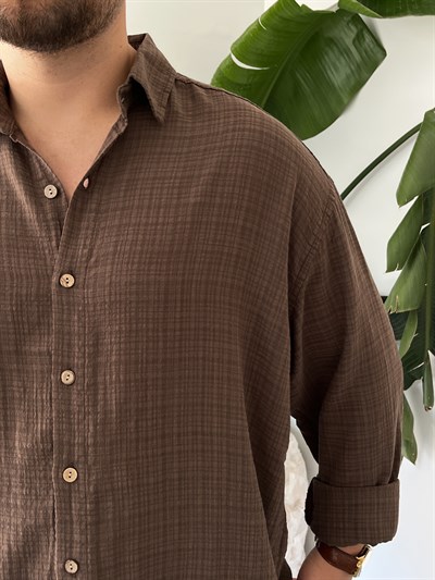 Kahverengi Gofre Keten Oversize Gömlek