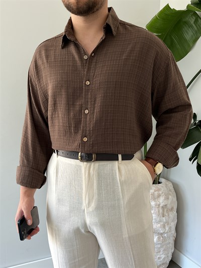 Kahverengi Gofre Keten Oversize Gömlek