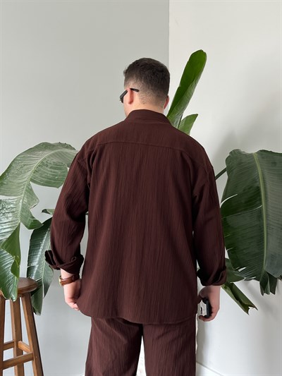Kahverengi Krinkıl Keten Oversize Takım