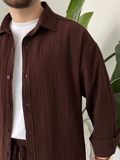 Kahverengi Krinkıl Keten Oversize Takım