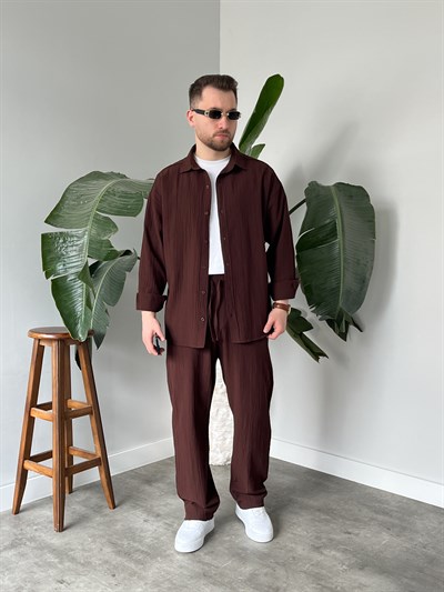 Kahverengi Krinkıl Keten Oversize Takım