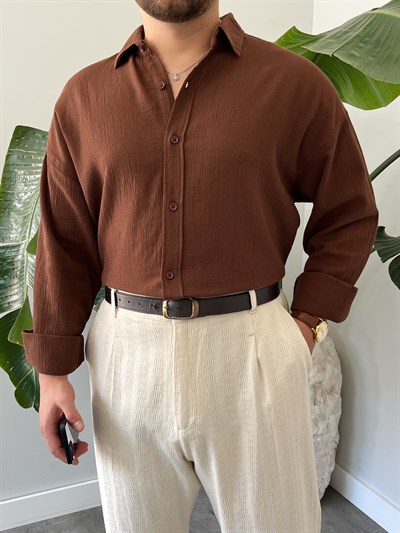 Kahverengi Krinkıl Oversize Gömlek