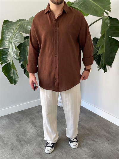Kahverengi Krinkıl Oversize Gömlek