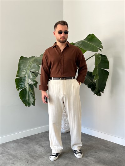 Kahverengi Krinkıl Oversize Gömlek