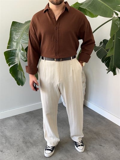 Kahverengi Krinkıl Oversize Gömlek