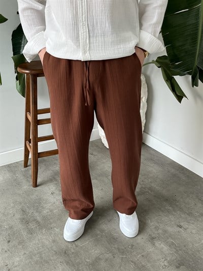 Kahverengi Premium Müslin Dokulu Baggy Pantolon
