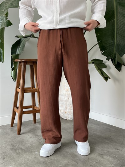 Kahverengi Premium Müslin Dokulu Baggy Pantolon