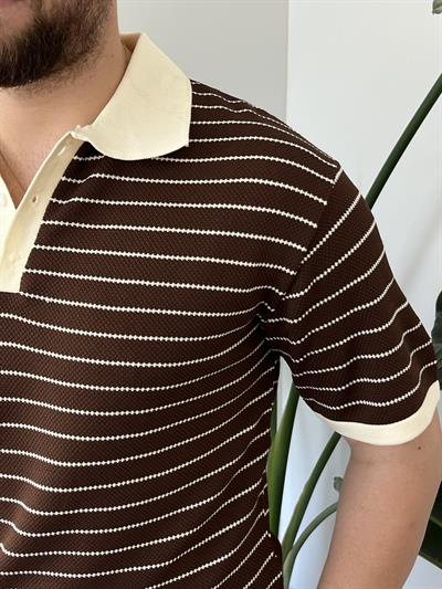 Kahverengi Premium Çizgili Örme Triko T-shirt