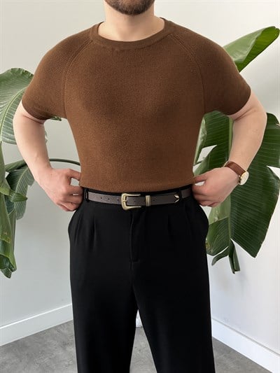 Kahverengi Raglan Detay Basic Triko