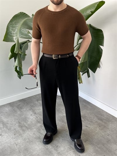 Kahverengi Raglan Detay Basic Triko