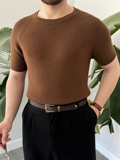 Kahverengi Raglan Detay Basic Triko