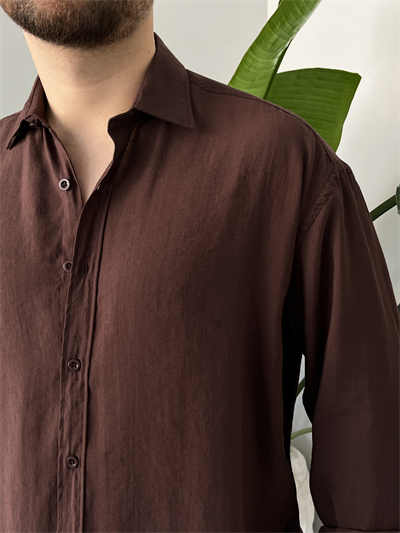 Kahverengi Yıkamalı Tensel Oversize Gömlek