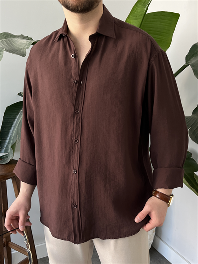 Kahverengi Yıkamalı Tensel Oversize Gömlek