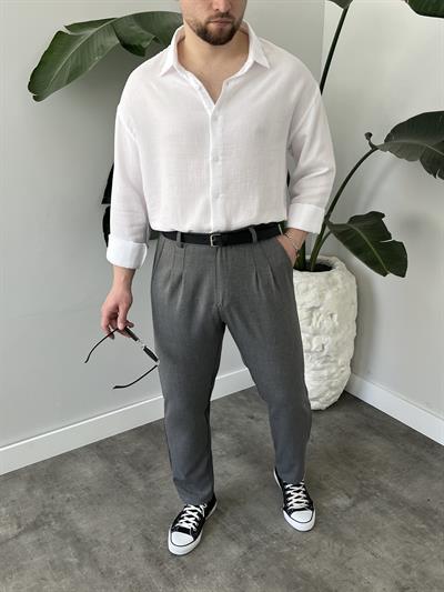 Koyu Gri Pileli Boyfriend Kumaş Pantolon