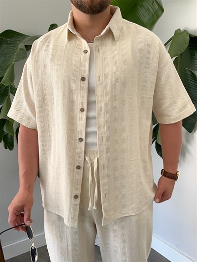 Krem Alaçatı Casual Desenli Oversize Takım