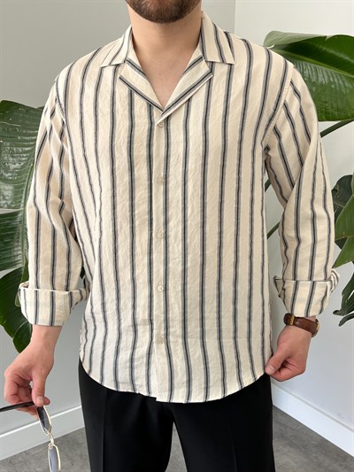 Krem Apaj Yaka Çizgili Oversize Gömlek