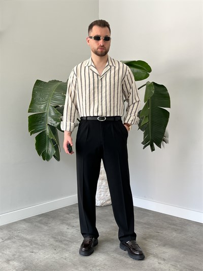 Krem Apaj Yaka Çizgili Oversize Gömlek