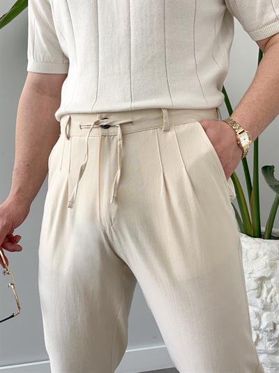Krem Bağlama Detaylı Keten Boyfriend Pantolon