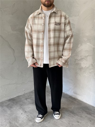 Krem Baskılı Oversize Ekose Gömlek