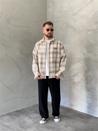 Krem Baskılı Oversize Ekose Gömlek