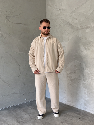 Krem Boxy Fit Fitilli Kadife Takım