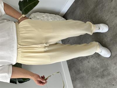 Krem Burgu Bağcık Detaylı Pamuk Keten Relax Fit Pantolon