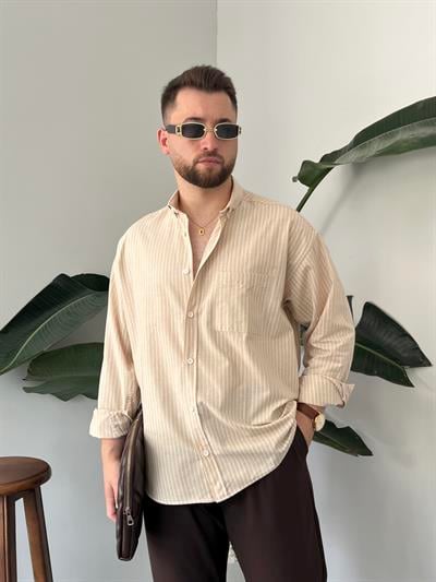 Krem Casual Çizgili Oversize Gömlek