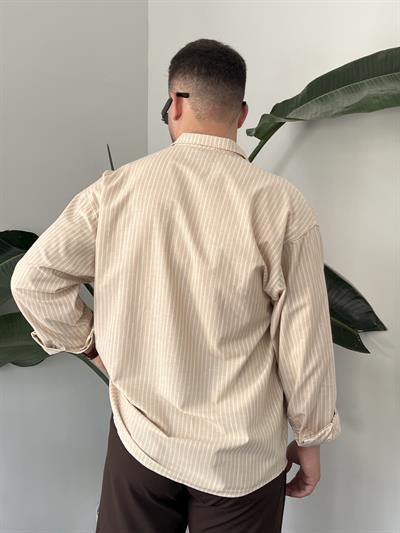 Krem Casual Çizgili Oversize Gömlek