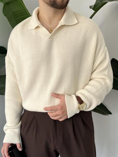 Krem Casual Polo Yaka Kazak