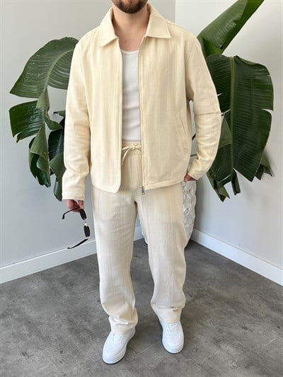 Krem Chain Motif Relax Fit Keten Takım