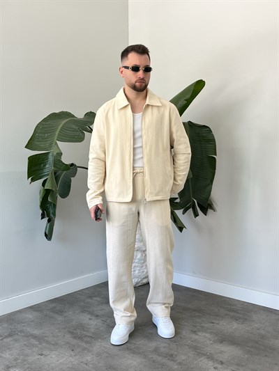 Krem Chain Motif Relax Fit Keten Takım