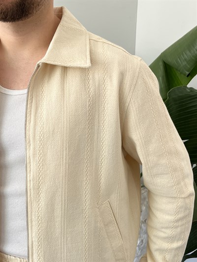 Krem Chain Motif Relax Fit Keten Takım
