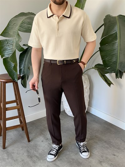 Krem Çizgi Detay Polo Yaka Triko T-shirt