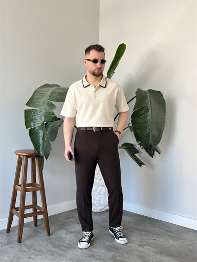 Krem Çizgi Detay Polo Yaka Triko T-shirt